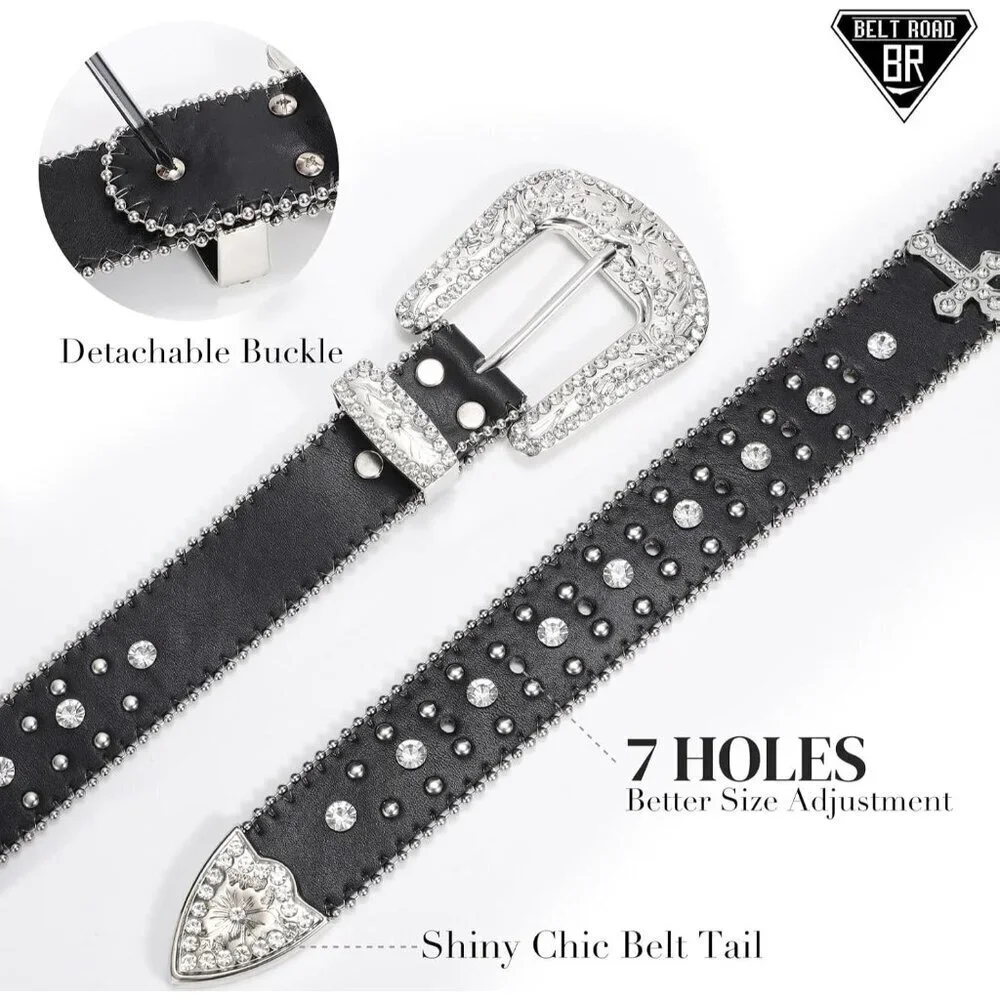 Women's Black Western Cowgirl Belts Bling Leather Belt With Cross and Diamond